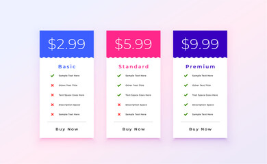 modern pricing table layout with three subscription plans