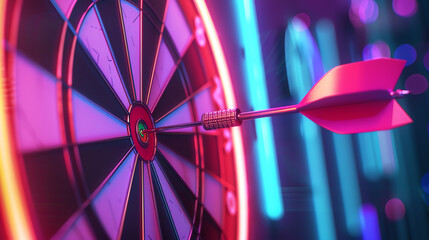 Close-up of a dart hitting the bullseye on a dartboard with vibrant neon lights, symbolizing accuracy and precision.