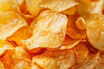 Heap of crispy golden potato chips, a popular savory snack food, photographed in appetizing detail