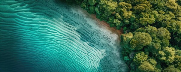 Wall Mural - Aerial view of serene coastline with turquoise water, sandy beach, and lush green forest creating a beautiful contrast of nature.