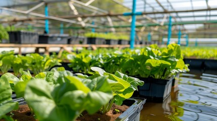 Vibrant integrated greenhouse system with aquaponics showcasing lush plants in nutrient-rich water and fish swimming below