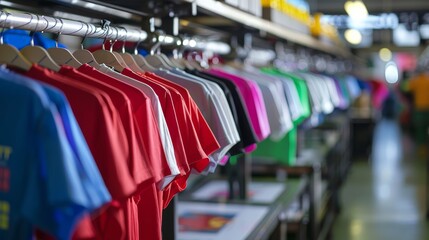 Wall Mural - Row of colorful T-shirts hanging on clothing rack display for sale in boutique fashion store at shopping mall