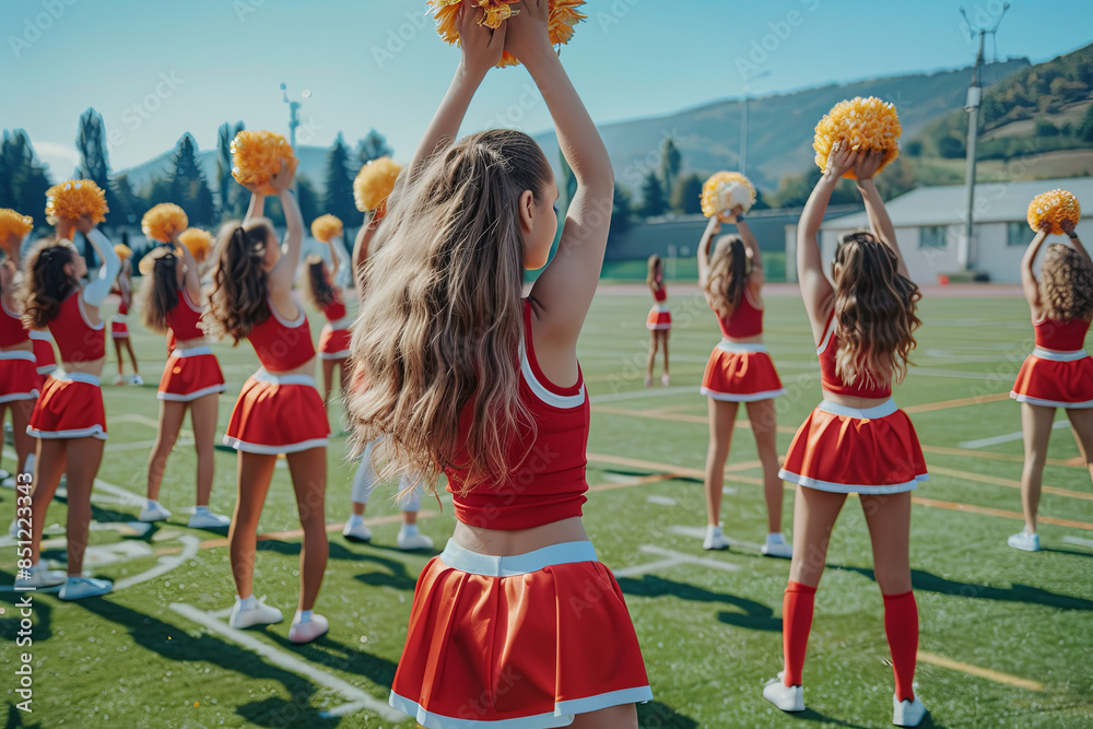 Energetic cheerleading squad performing a synchronized formation on a ...