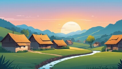 Simple village view with dawn in the background, Ai generated