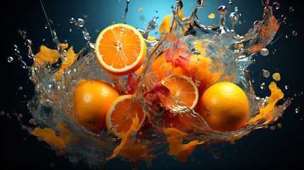 A group of oranges being splashed with water, creating a refreshing and vibrant image.