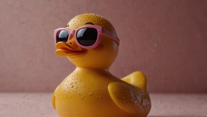 Wall Mural - Cute rubber duck wearing stylish sunglasses on pink background minimal creative concept Space for copy Summer holiday happy bath.