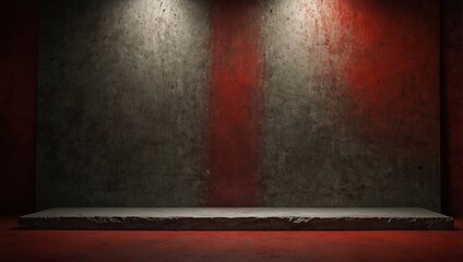 Wall Mural - Empty Red old textured background and stand display or shelf with studio for showing or design christmas concept Blank backdrop made from cement material.