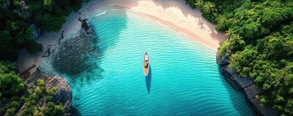 Wall Mural - Aerial view of a boat in crystal clear blue water, surrounded by lush green cliffs and a sandy beach, creating a tropical paradise scene.