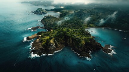 Stunning aerial view of a lush, green island surrounded by turquoise ocean water and an overcast sky, capturing the beauty of nature.