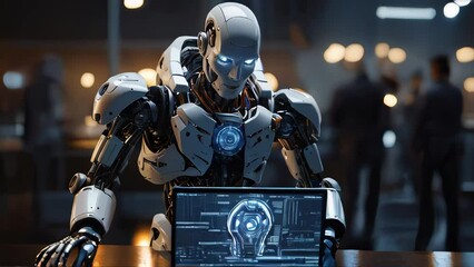 Poster - An AI developer beside their creation, capturing the contrast between the human creator and robot