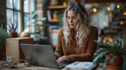 Young woman entrepreneur organizing orders from home in stylish modern interior, Modern home office workspace