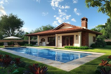 Wall Mural - Luxury Villa With Swimming Pool and Beautiful Landscaping