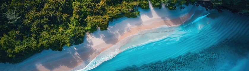 Wall Mural - Stunning aerial view of a pristine beach with turquoise waters and lush green forest, showcasing the natural beauty of a tropical paradise.