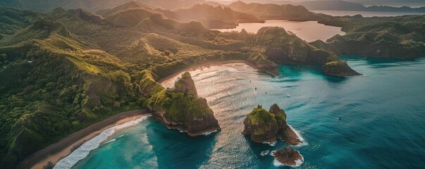 Wall Mural - Stunning aerial view of a coastal landscape with cliffs, lush greenery, and turquoise waters under a dramatic sunset sky.