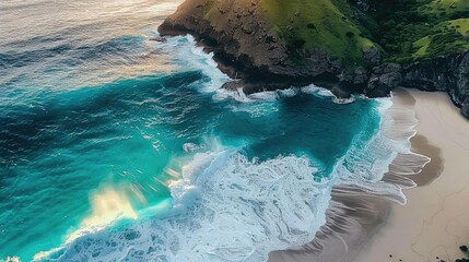 Wall Mural - Aerial view of a stunning coastal landscape with turquoise waves crashing against a sandy beach and lush green cliffs at sunset.