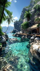 Wall Mural - Rocky beach with crystal clear water and palm trees
