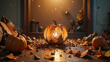 Wall Mural - Burning Pumpkin with Autumn Leaves.