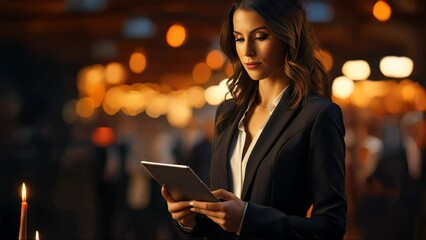 Poster - Beautiful businesswoman is working in the office with a tablet
