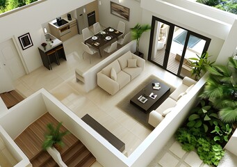 Sticker - An illustration of a modern living room with a kitchen and a dining area