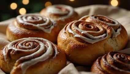 Cinnamon rolls buns christmas baking on a beige cotton fabric background with copy space.