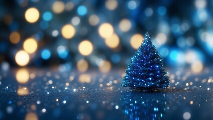 blue holiday glitter background with christmas tree bokeh.