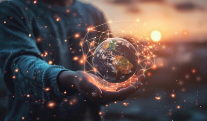 Wall Mural - a hand holding a miniature representation of earth, glowing globe, global network