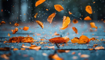 Wall Mural - falling tree leaves in the street.