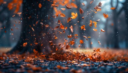 Wall Mural - falling tree leaves in the park.