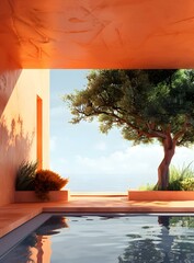 Wall Mural - Minimalist Poolside Design With Orange Walls and a Large Tree