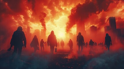 Halloween people walking like zombie in the city. post-apocalyptic environment in fire and smoke of a city in disaster