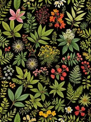 Wall Mural - Floral Pattern with Black Background.