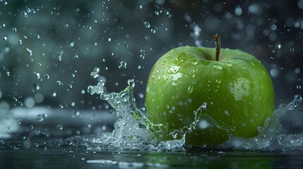 Wall Mural - Water splashing on Fresh green apple on Green background. 