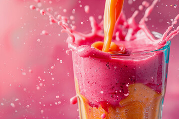 Wall Mural - A glass of orange and pink juice is poured into a glass, creating a splash. The colors of the juice are vibrant and the splash adds a sense of movement and energy to the image
