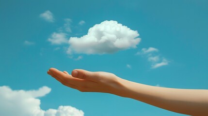 Floating Cloud Above Hand: A small, fluffy cloud floating just above an outstretched hand against a vibrant blue sky.