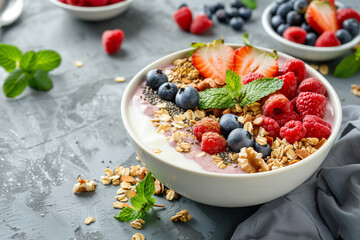 Wall Mural - A bowl of fruit and granola with a spoon next to it. The bowl is filled with strawberries, bananas, and raspberries
