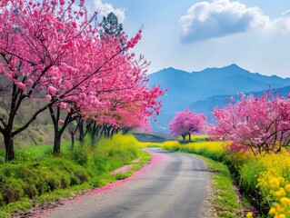 Wall Mural - Cherry blossom road with pink and yellow flowers