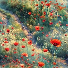 A scenic pathway meandering through a field of red poppies, inviting viewers to imagine a tranquil walk amidst the colorful blooms--style raw