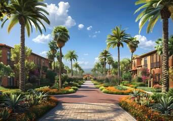 Wall Mural - Palm Trees and Flowers Line the Path to a Beautiful Villa
