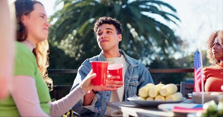 Canvas Print - Talking, independence day and people with drinks, party and celebration of USA culture. American, pride and group of friends relax outdoor on holiday event in summer with freedom and beer together