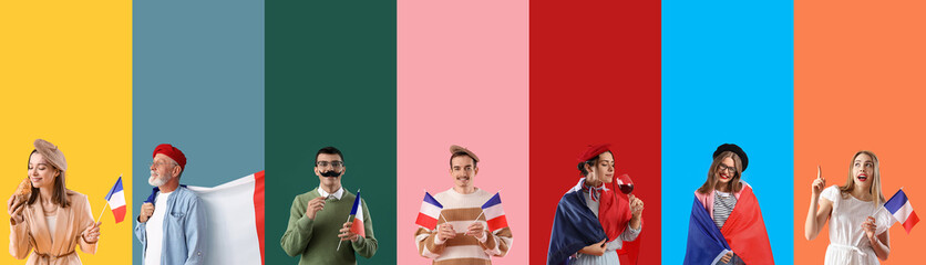 Sticker - Collage of many French people on color background