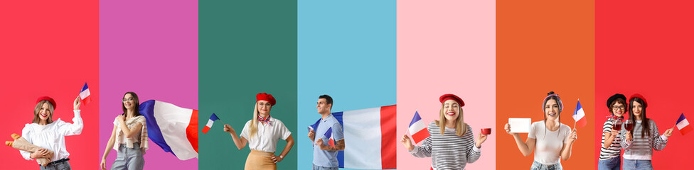 Poster - Collage of many French people on color background