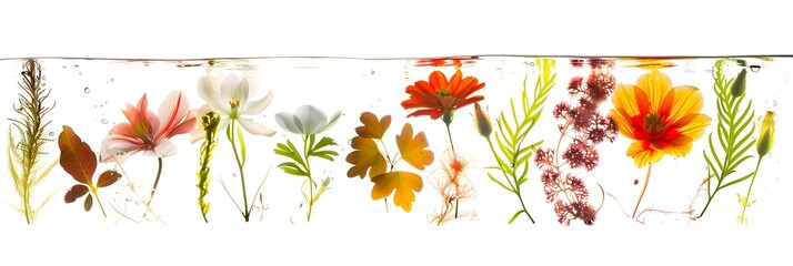 Wall Mural - set of underwater flower arrangements, featuring submerged blooms and floating leaves, isolated on transparent background