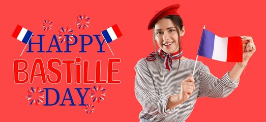 Poster - Pretty young woman with flag of France on red background. Bastille Day celebration