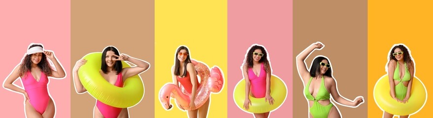 Sticker - Set of pretty young women in swimsuits on color background