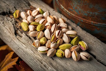 pistachio nuts on old wood background