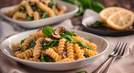 Wall Mural - Fusilli pasta with spinach and mushrooms on a white plate. Vegan food. Italy