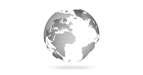 Leinwandbilder - Globe, earth and isolated digital map of world with international network, population data and 3d planet. Virtual location, spin and worldwide travel, satellite demographics and white background