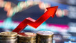 © VALUEINVESTOR - a red arrow pointing upwards is placed on top of stacks of coins, generative AI