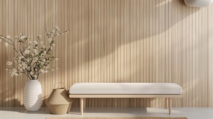 Wall Mural - Stylish entryway with white bench and beige wooden decor, minimalist,