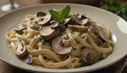 Wall Mural - plate of chicken fettuccine alfredo with mushrooms